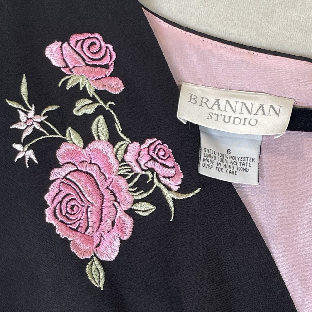Brannan Studio Dress Womens 6 Black Pink Floral Embroidery 90's Y2K Vintage Prom - Picture 4 of 8